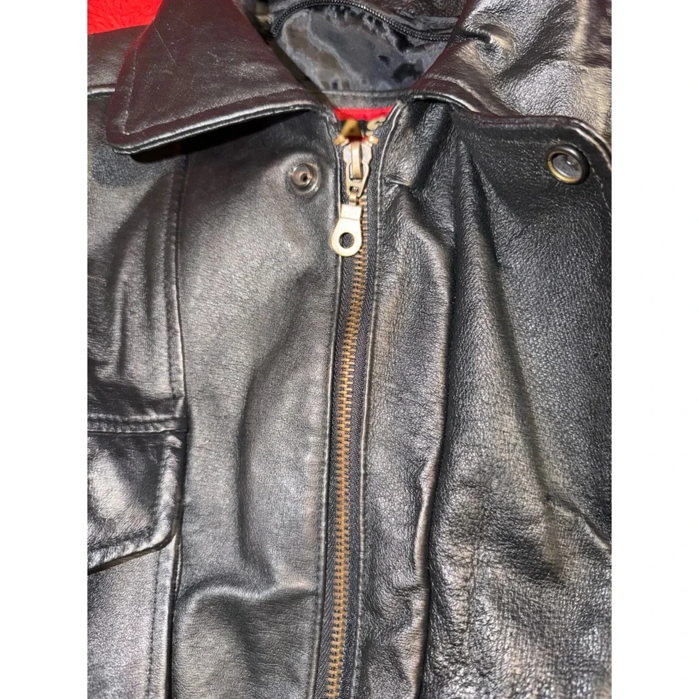 Phase 2 Kids Black Genuine Leather Bomber Jacket Vintage 1980's